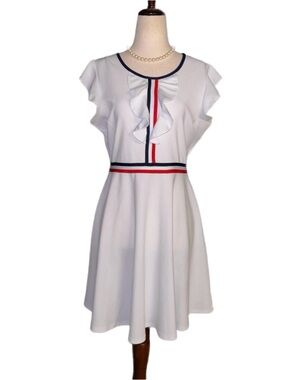 Klaxons ~ Large ~ Vintage ~ USA ~ White W/ Red & Blue Stripes ~ Stretchy ~ Dress